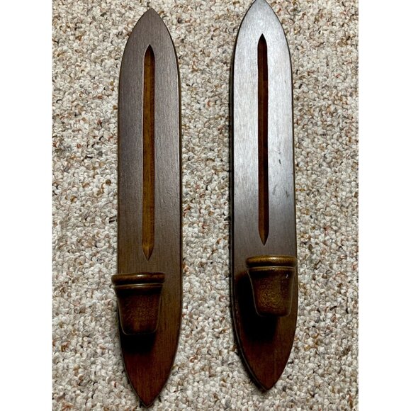 Vintage 70s Cornwall Wooden Taper Candle Wood Wall Sconce Set Of Two Moody Dark - Picture 1 of 10